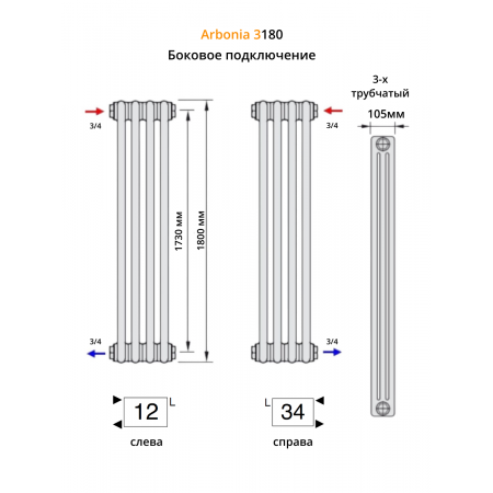 Радиатор Arbonia 3180/4 секции боковое подключение цвет антрацит металлик AME Радиатор Arbonia 3180/4 секции боковое подключение цвет антрацит металлик AME