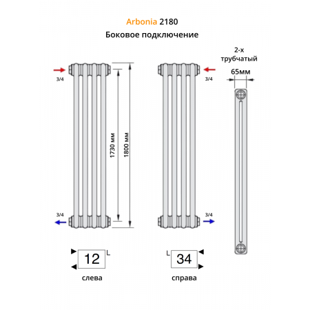 Радиатор Arbonia 2180/6 секций боковое подключение цвет антрацит RAL 7016 Радиатор Arbonia 2180/6 секций боковое подключение цвет антрацит RAL 7016